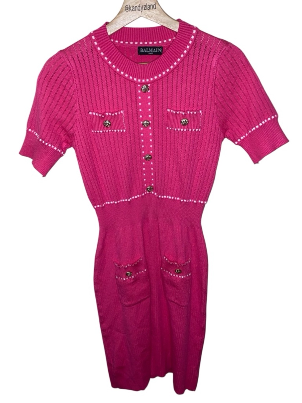 BALMAIN Paris Hot Pink White Knit Pull on Bodycon Style Dress
